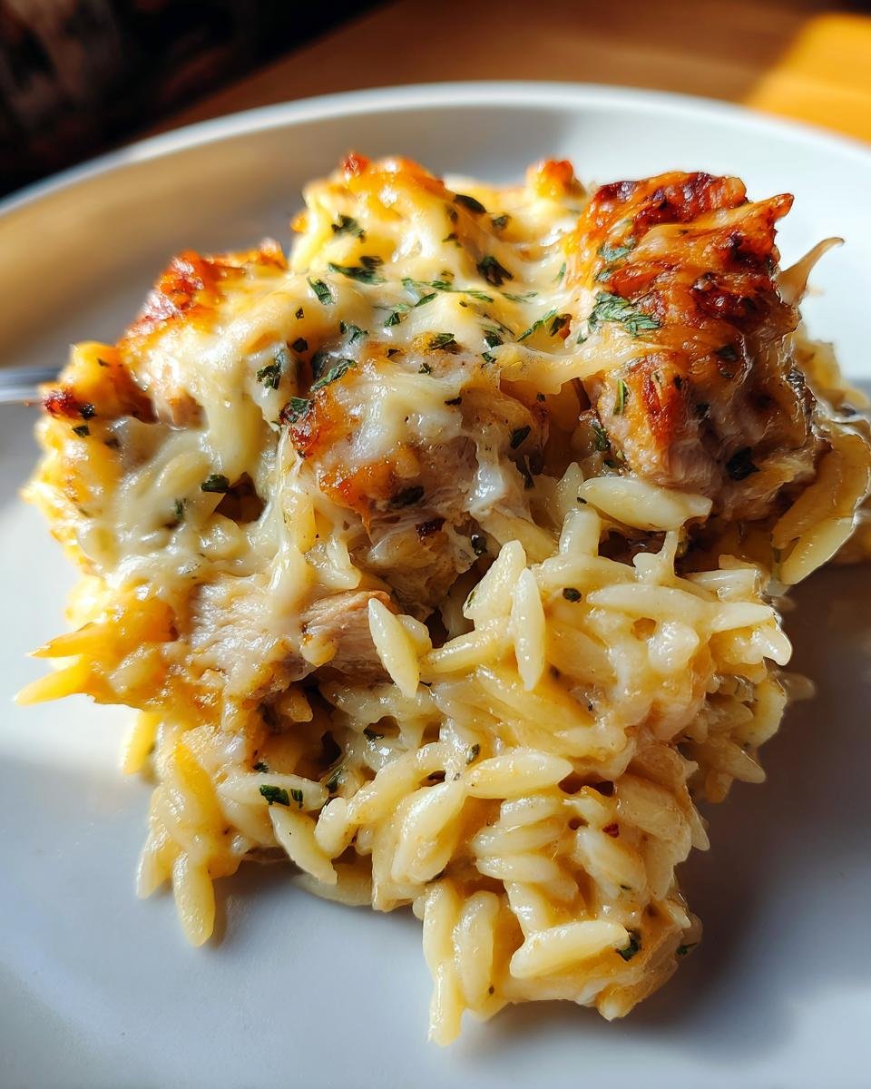 A close-up serving of Cheesy Chicken Orzo, showing creamy orzo pasta mixed with chicken and topped with melted, browned cheese and parsley.