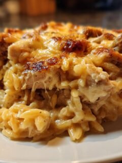 A close-up serving of creamy Cheesy Chicken Orzo, topped with melted and browned cheese.