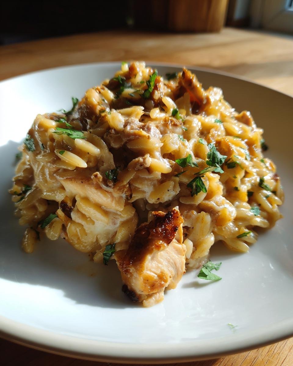 Close-up of a serving of creamy Cheesy Chicken Orzo topped with fresh green parsley on a white plate.