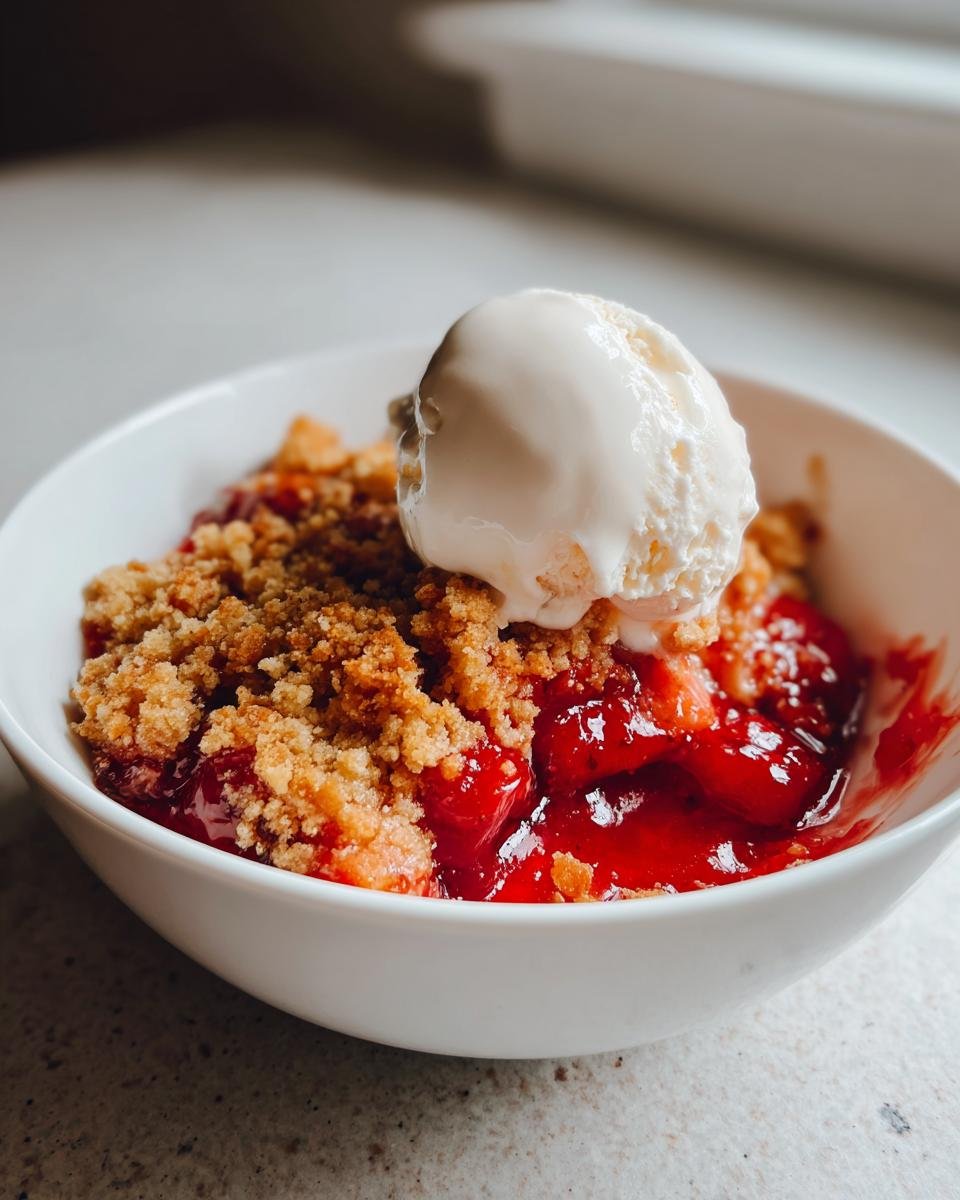 A scoop of vanilla ice cream melting atop warm Cherry Cobbler With Cake Mix in a white bowl.
