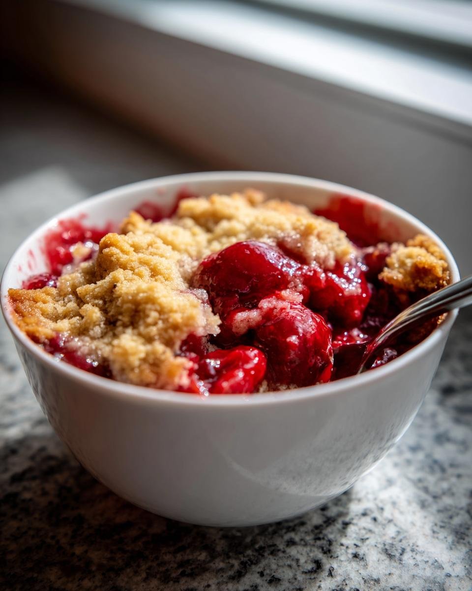 Close-up of a warm serving of Cherry Cobbler With Cake Mix in a white bowl, showing bright red cherries and crumb topping.