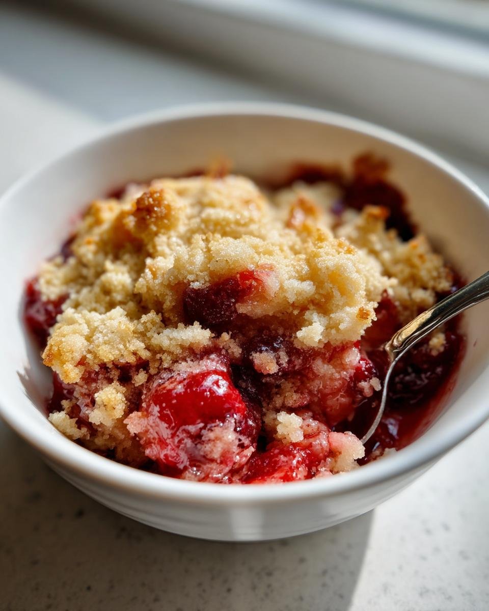 Close-up of a warm serving of Cherry Cobbler With Cake Mix, featuring bright red cherries and a golden crumb topping in a white bowl.