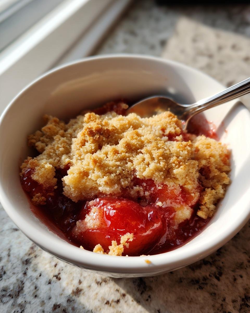 Close-up of a serving of warm Cherry Cobbler With Cake Mix topped with crumbly topping in a white bowl.