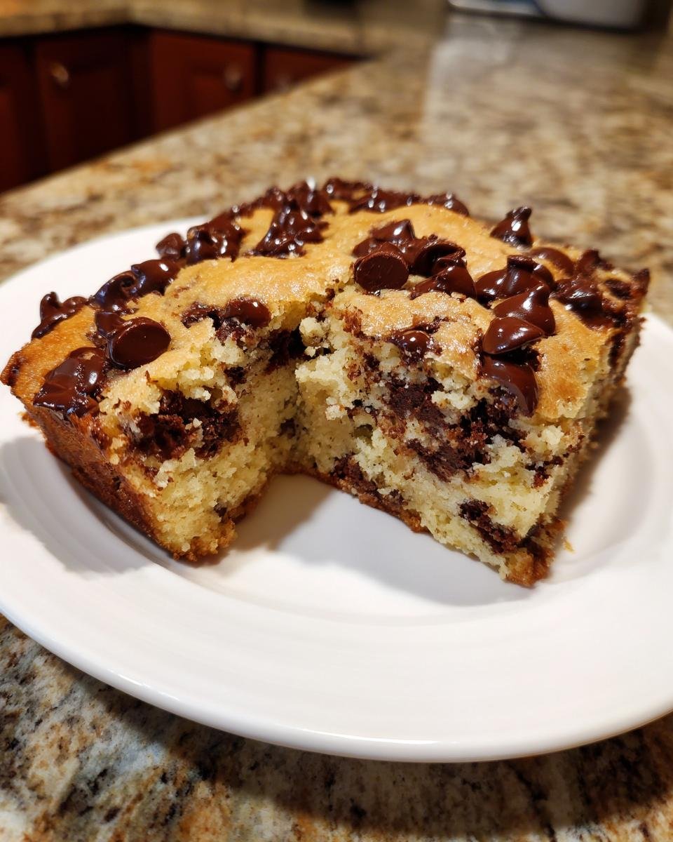 A square slice of rich, chewy Chocolate Chip Blondies with melted chocolate chips on top, served on a white plate.