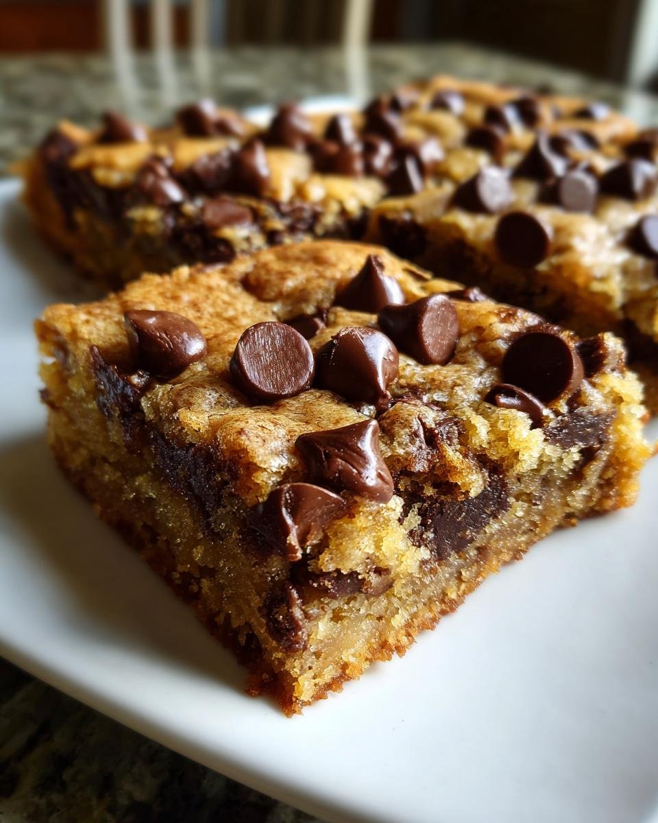 A close-up, appetizing shot of a thick, chewy Chocolate Chip Blondies square on a white plate.