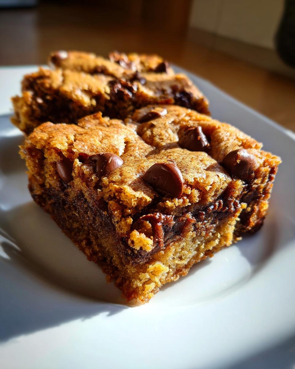 A close-up, sunlit photo of a thick, chewy Chocolate Chip Blondies square on a white plate.