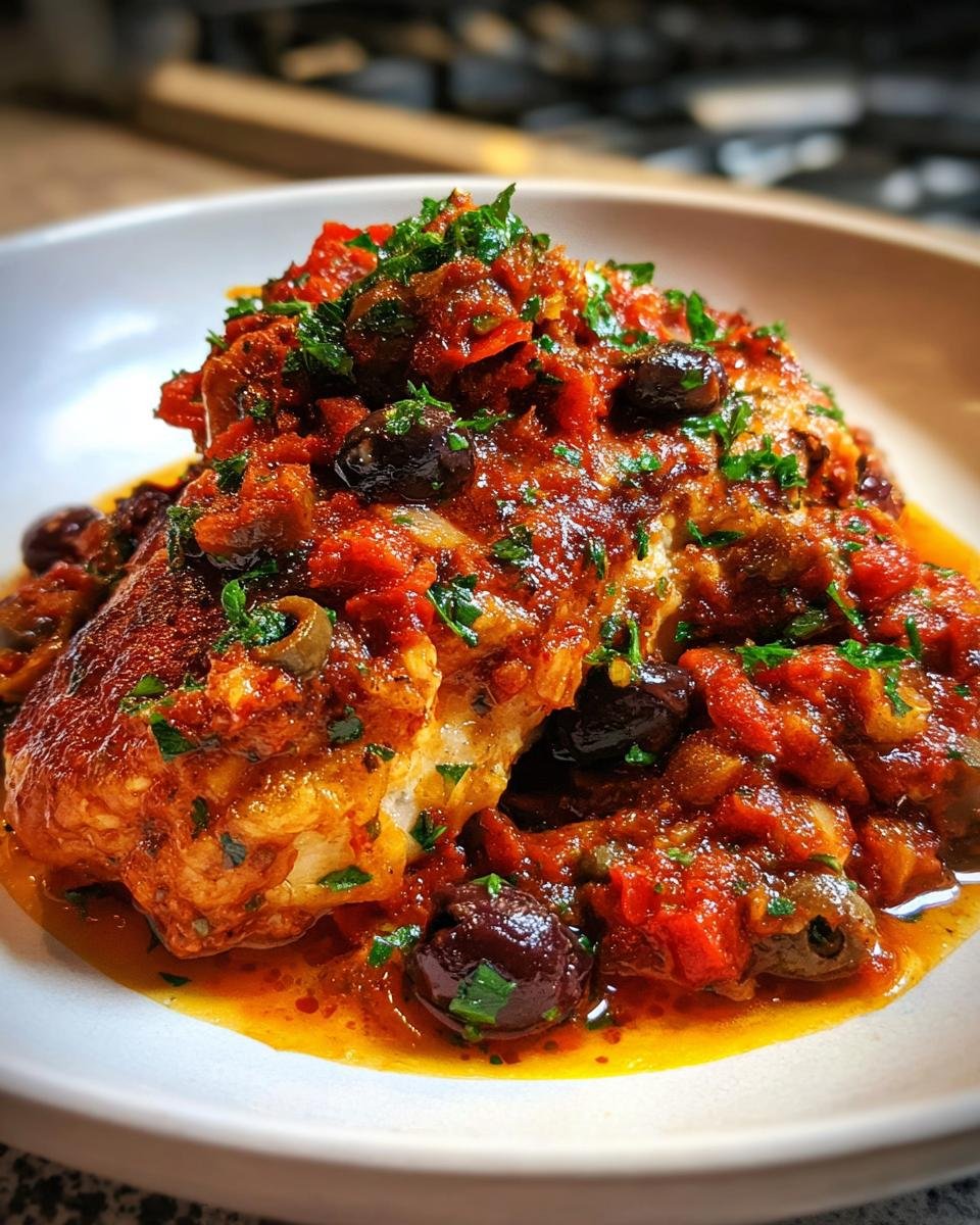 A close-up of a perfectly cooked piece of chicken smothered in rich tomato sauce, black olives, and fresh parsley, ready to eat Chicken Puttanesca.
