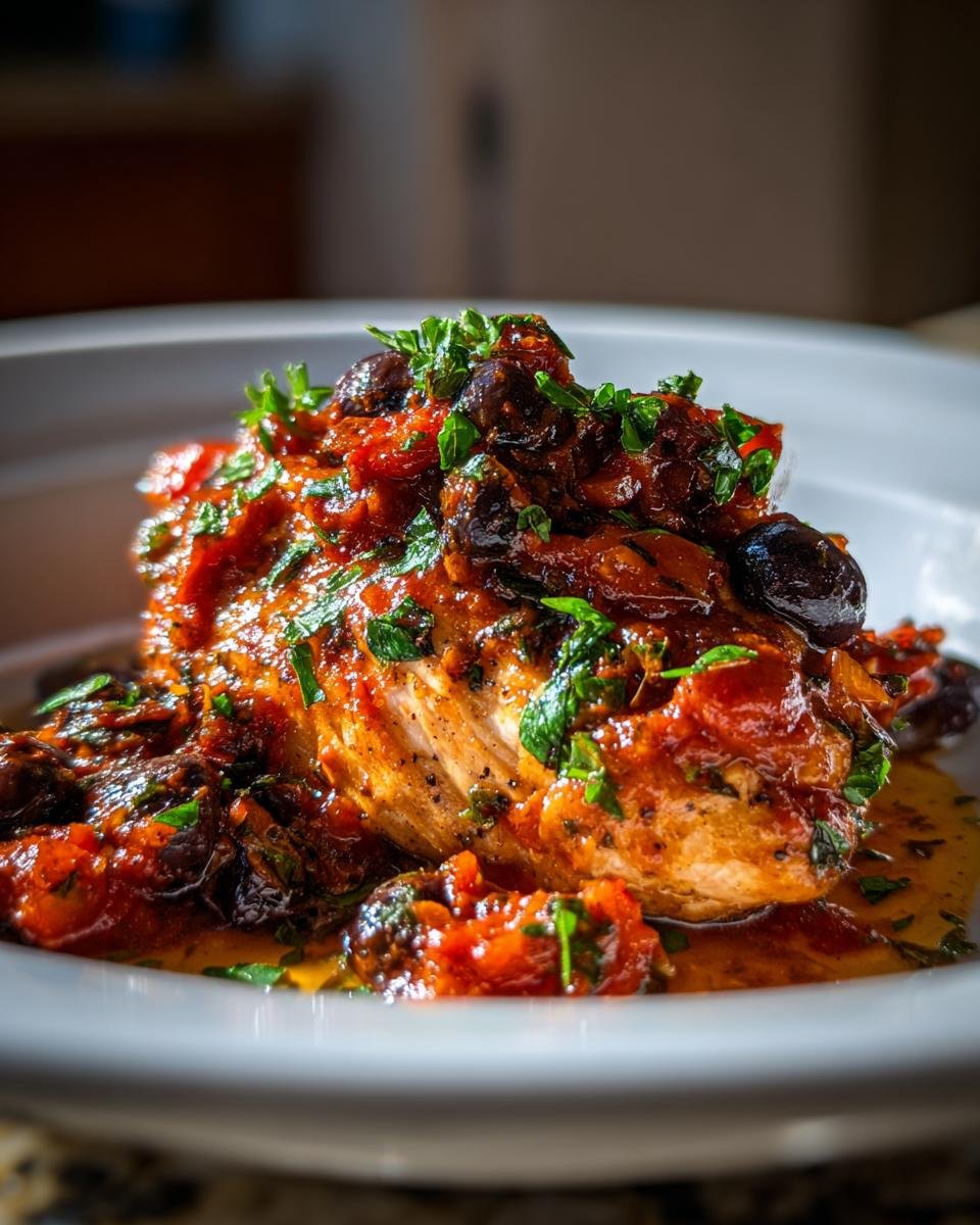 A close-up of a perfectly cooked piece of Chicken Puttanesca topped with rich tomato sauce, black olives, and fresh parsley.