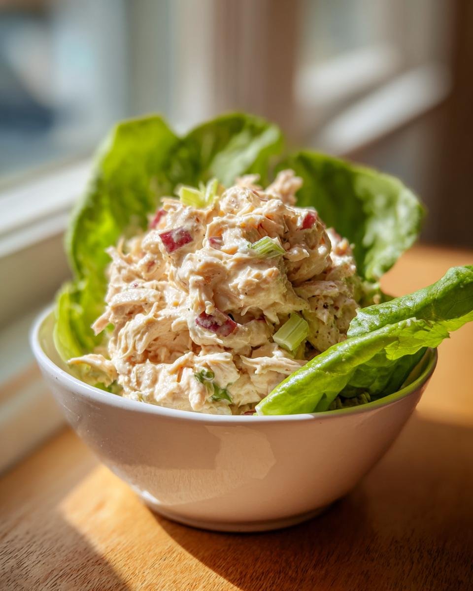 A bowl of creamy chicken salad served in crisp lettuce cups, perfect for Gluten Free Lunch Ideas.