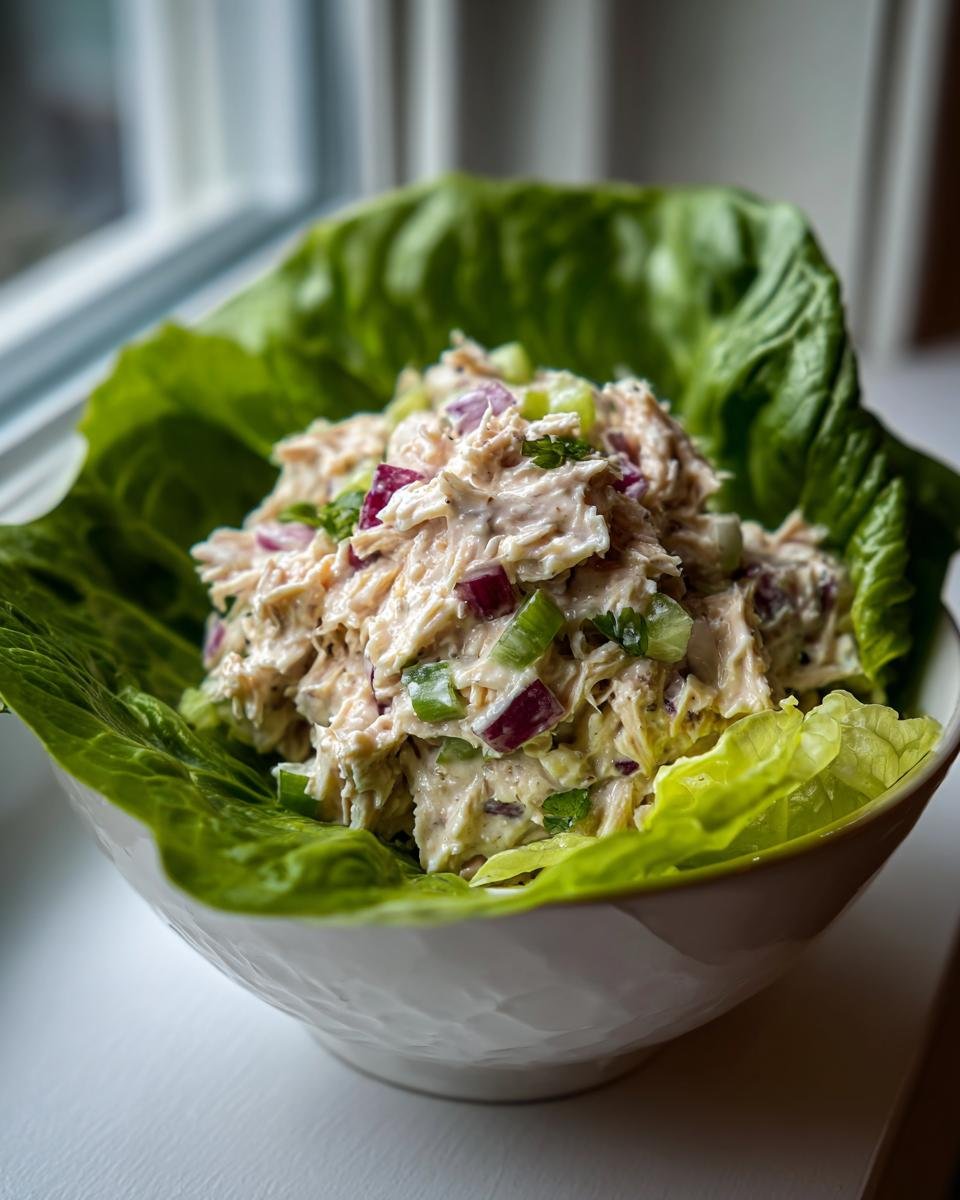 Creamy chicken salad with red onion and celery served in a crisp lettuce cup, perfect for Gluten Free Lunch Ideas.