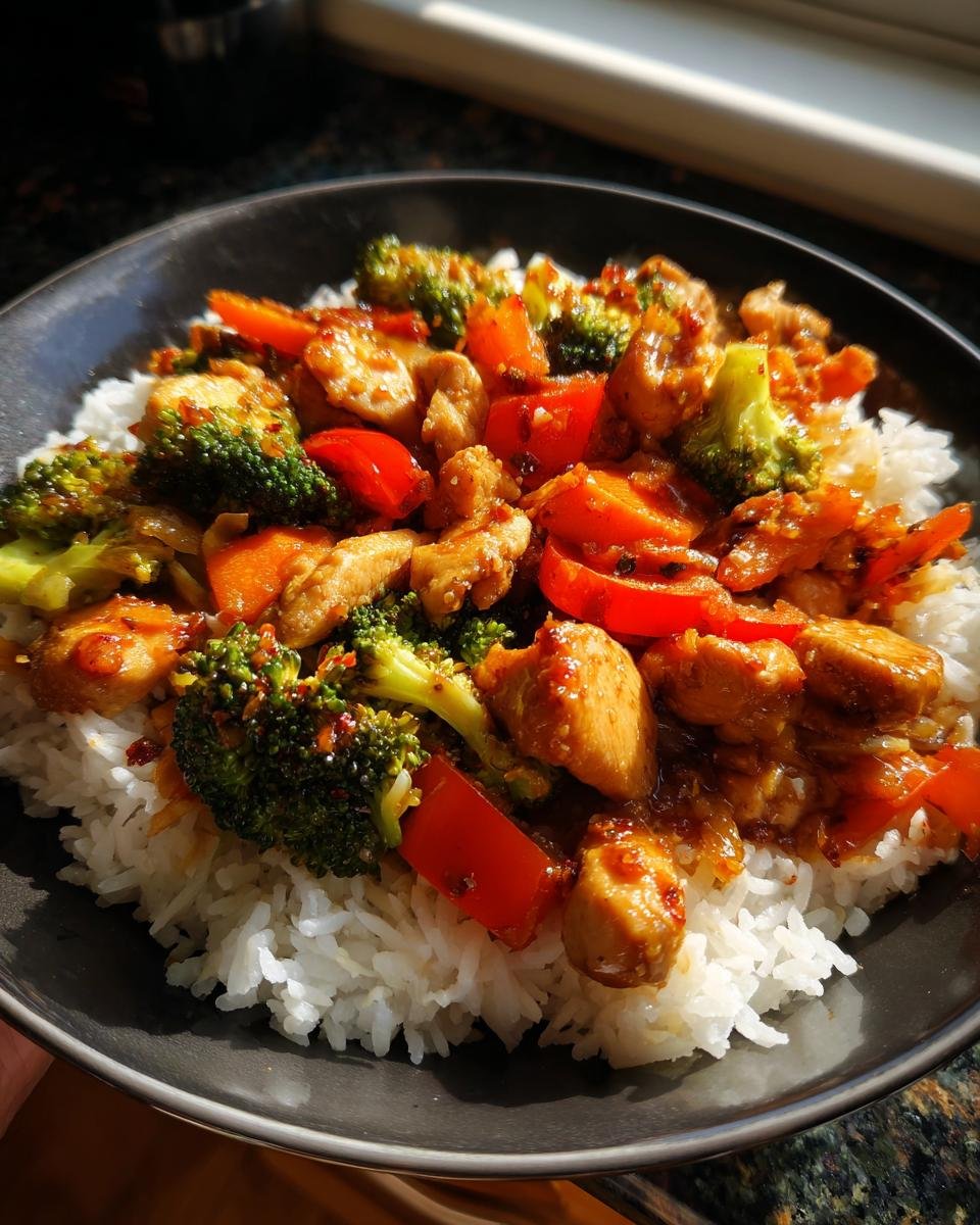 Close-up of a delicious chicken and vegetable stir-fry served over white rice in a dark bowl, perfect for Rice Bowl Recipes.