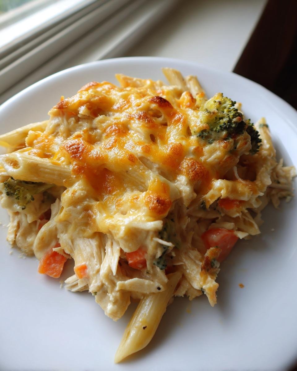 A close-up serving of Chicken Vegetables Pasta Bake featuring penne pasta, shredded chicken, broccoli, carrots, and a bubbly, browned cheese topping.