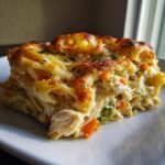 A close-up, tasty slice of Chicken Vegetables Pasta Bake showing creamy sauce, chicken, carrots, broccoli, and a golden, bubbly cheese top.