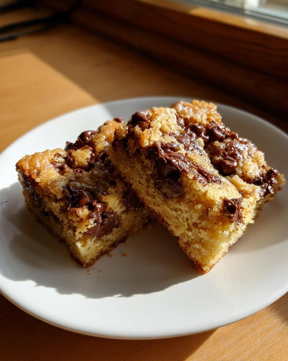 Two rich, chewy squares of Chocolate Chip Blondies sitting on a white plate, illuminated by sunlight.
