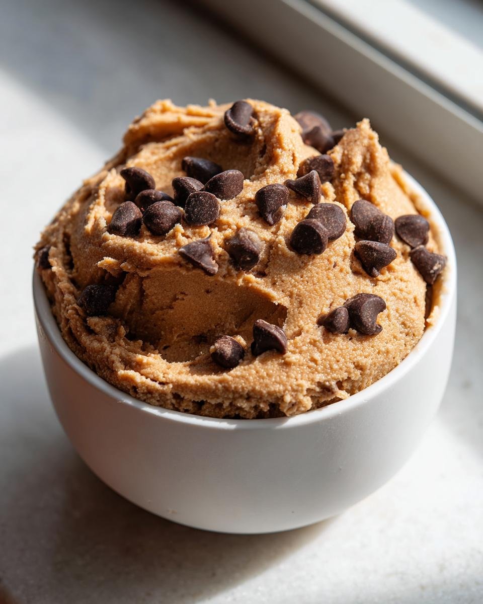 A close-up of thick Chocolate Chip Cookie Dough Dip topped with mini chocolate chips, served in a white bowl.