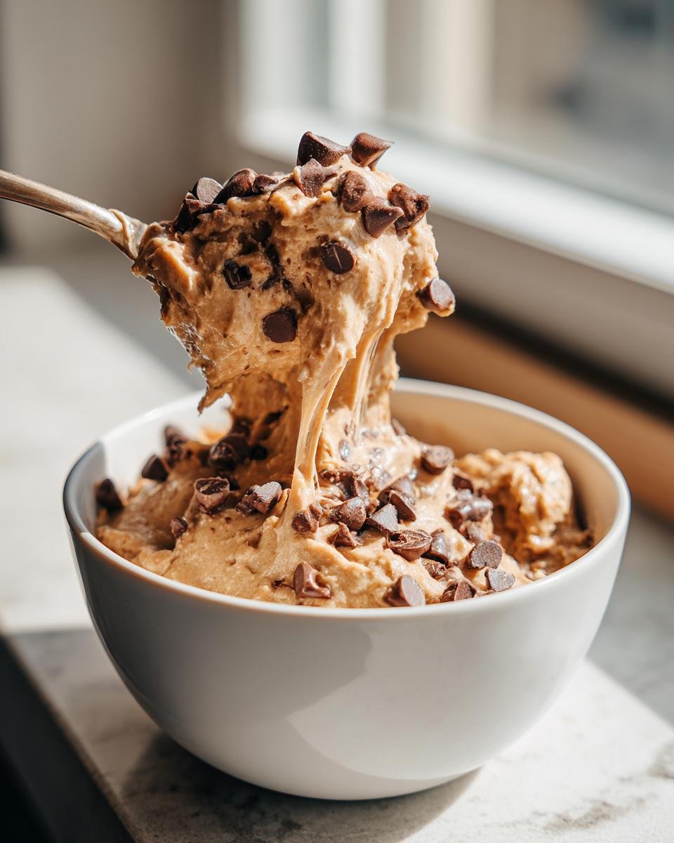A spoonful of thick Chocolate Chip Cookie Dough Dip being lifted from a white bowl, covered in chocolate chips.