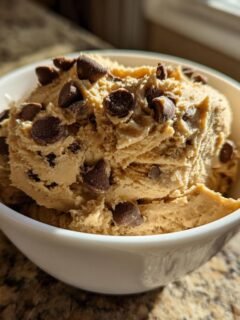 A close-up of a scoop of creamy Chocolate Chip Cookie Dough Dip topped with mini chocolate chips in a white bowl.