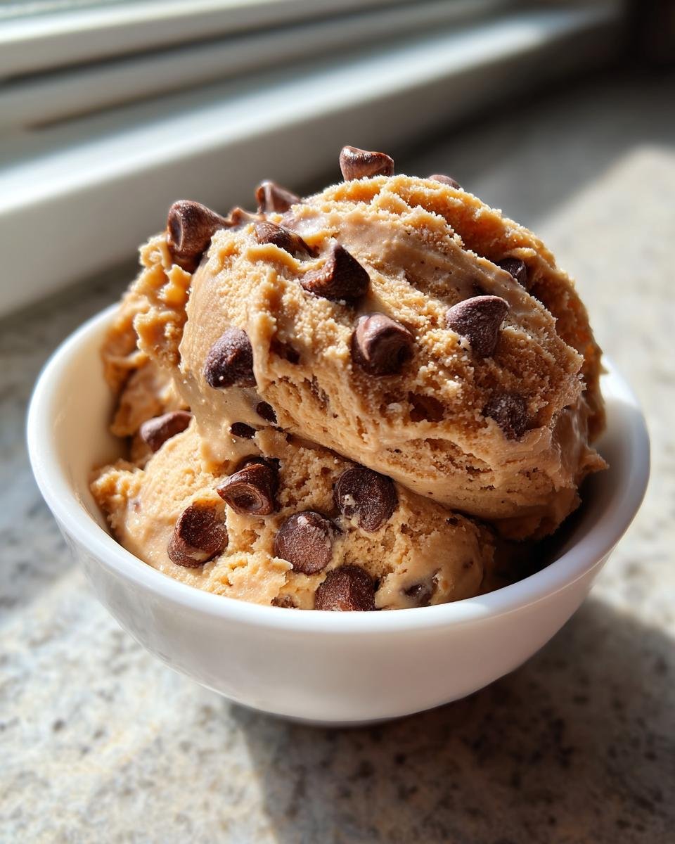 Two scoops of creamy Chocolate Chip Cookie Dough Dip topped generously with mini chocolate chips in a white bowl.