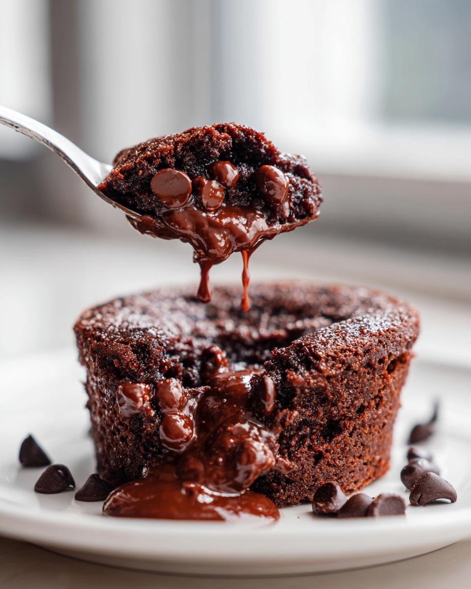 A spoonful of warm Chocolate Cobbler showing a molten, gooey center dripping over the cake.