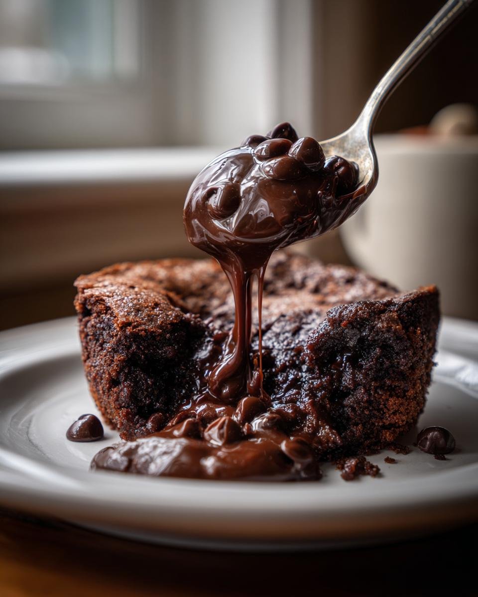 A spoonful of melted chocolate sauce and chips is poured over a rich, dark Chocolate Cobbler.