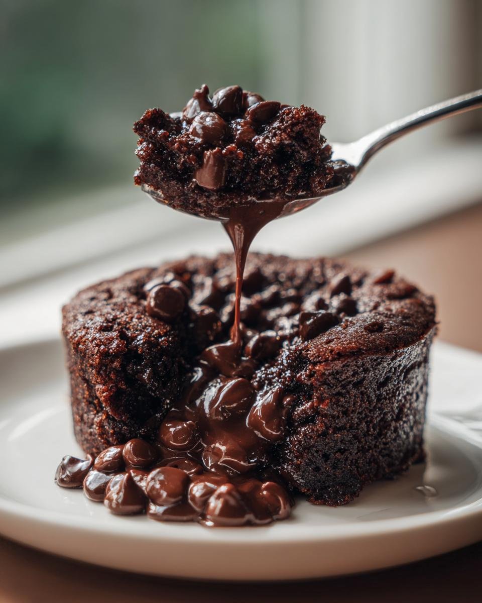 A spoonful of moist Chocolate Cobbler topped with melting chocolate chips being lifted from the dessert.