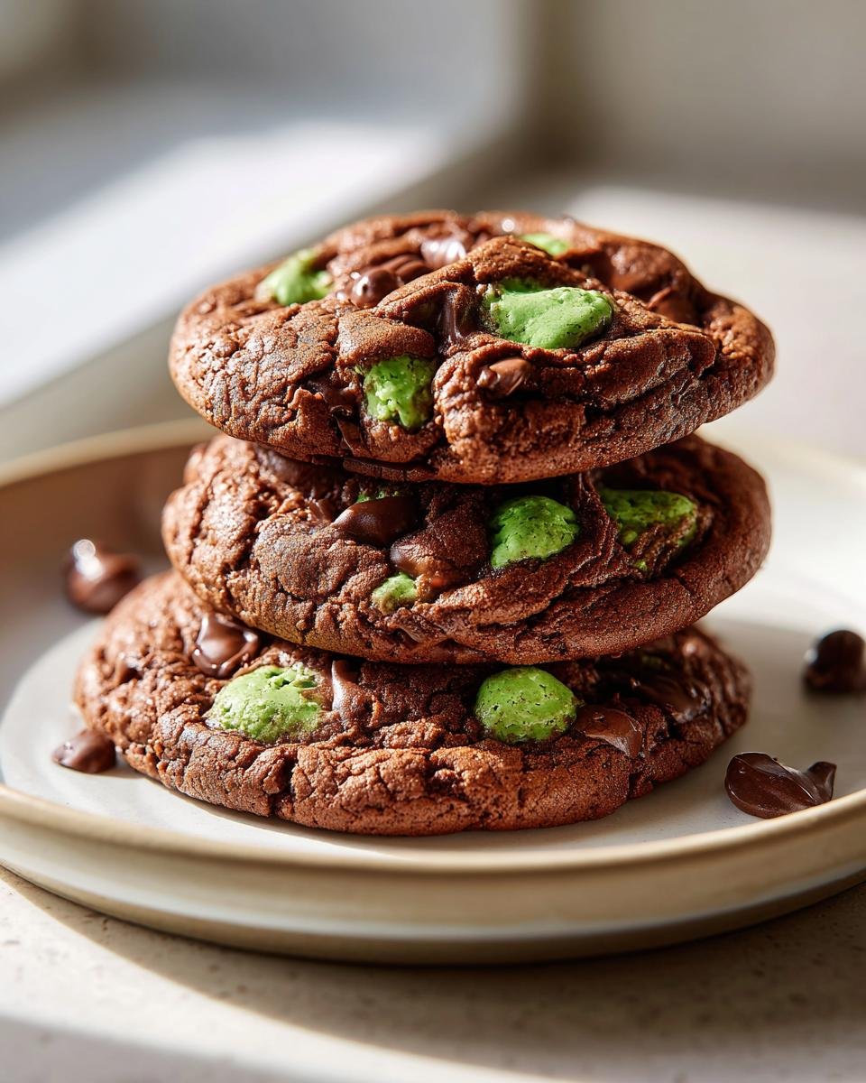 A vertical stack of three rich, fudgy Chocolate Mint Chip Cookies featuring bright green mint chips and melted chocolate.