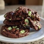 A stack of three rich, fudgy Chocolate Mint Chip Cookies with visible green mint chips and dark chocolate chunks.