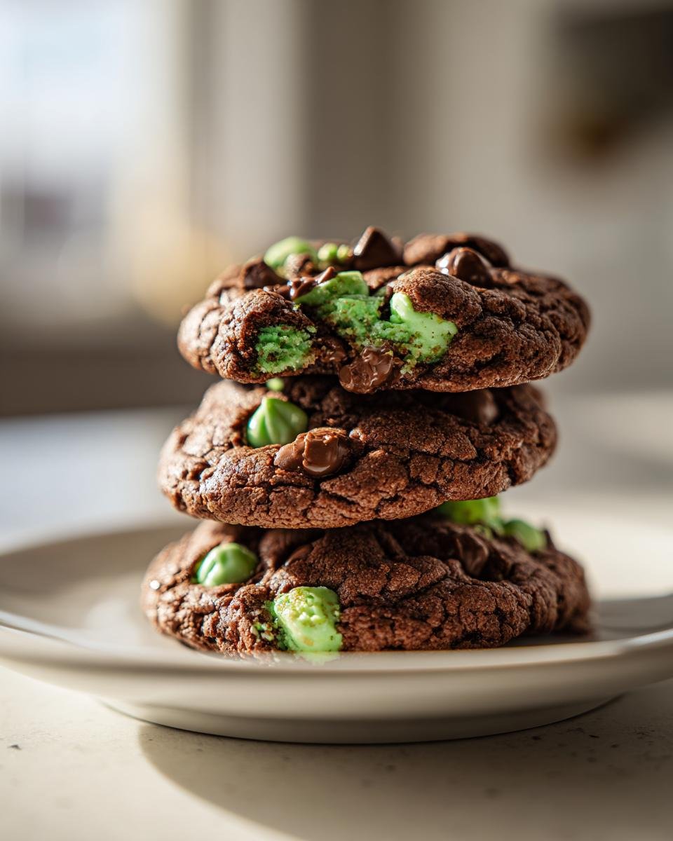 A stack of three decadent Chocolate Mint Chip Cookies, one with a bite taken out showing the bright green mint filling.
