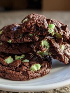 A stack of three rich, fudgy Chocolate Mint Chip Cookies with visible green mint chips and dark chocolate chunks.
