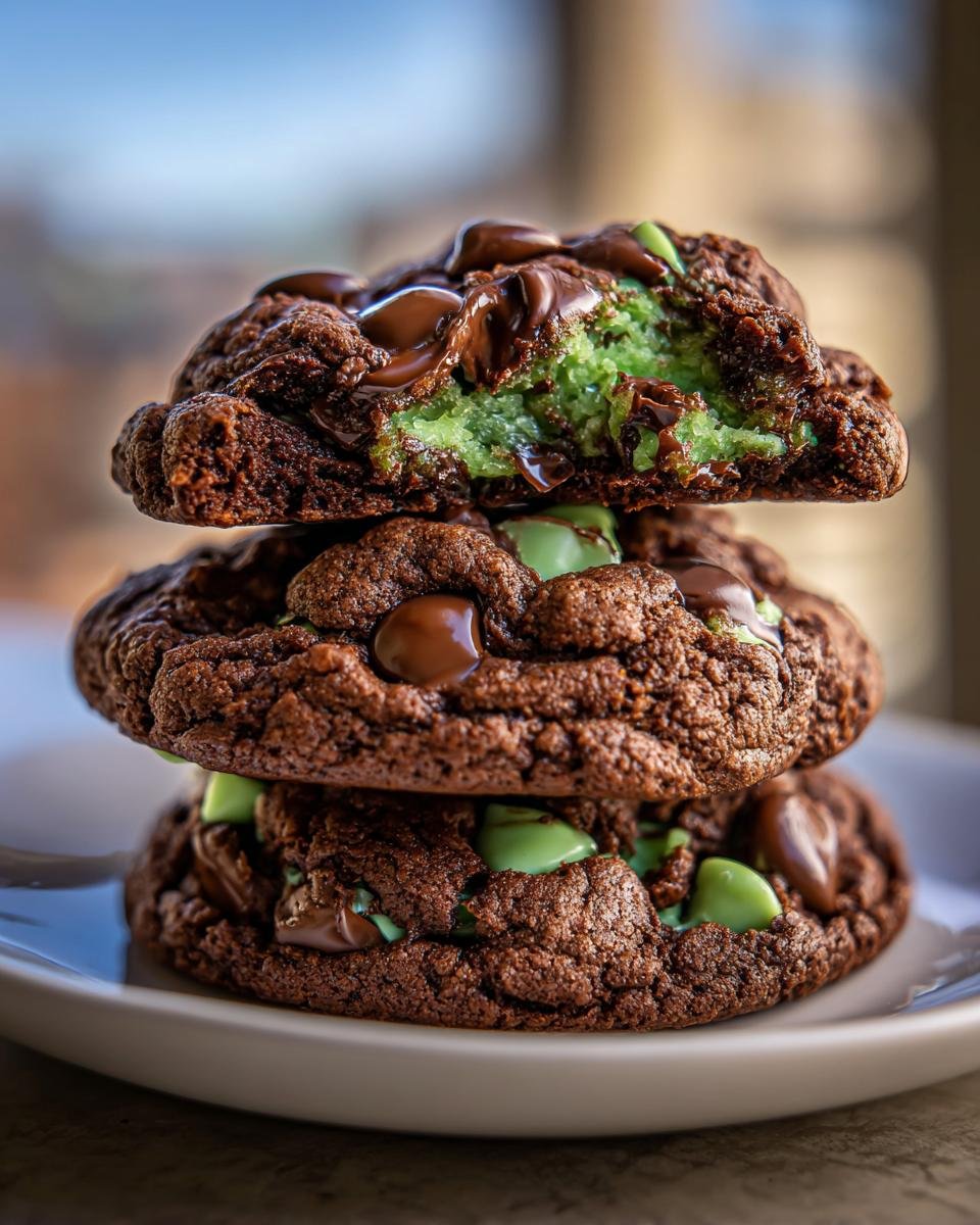 A stack of three rich, dark Chocolate Mint Chip Cookies, with the top one broken to show the bright green mint filling.