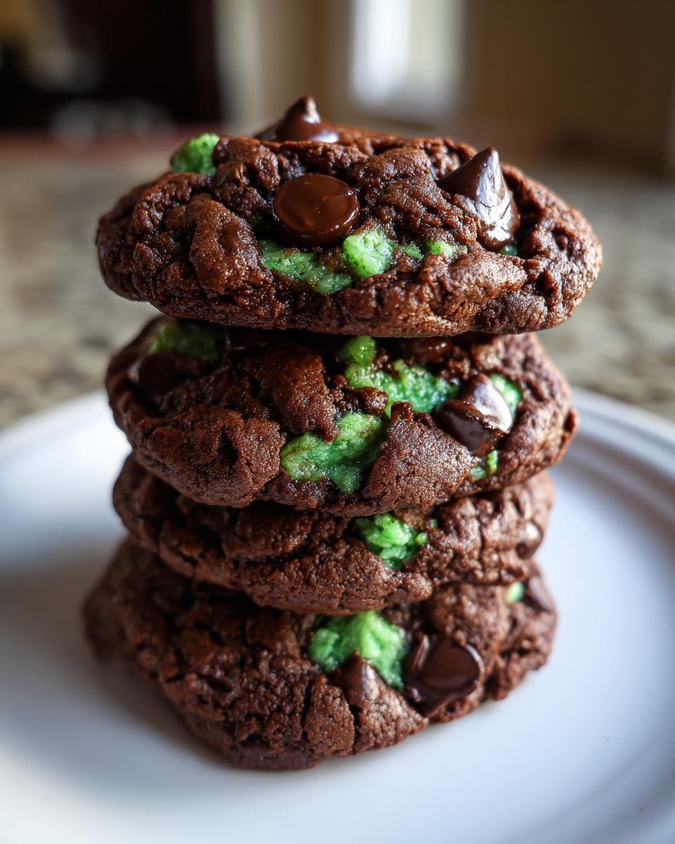 A stack of three rich, dark Chocolate Mint Chip Cookies featuring bright green mint filling and melted chocolate chips.
