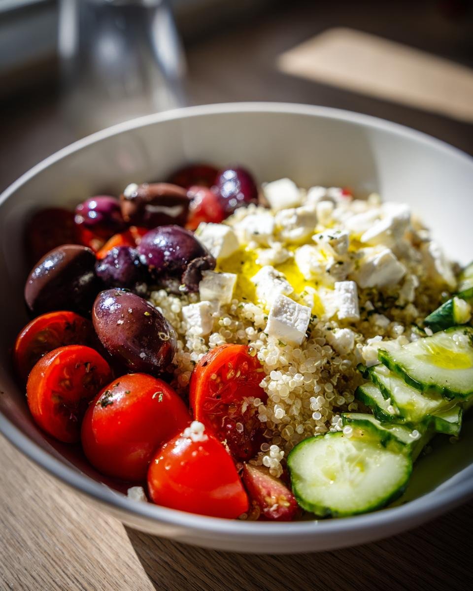 Close-up of a vibrant Mediterranean Bowl featuring quinoa, feta cheese, cherry tomatoes, olives, and cucumber slices.