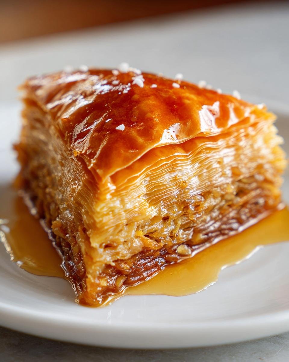 Close-up of a single, glistening square piece of Coconut Baklava soaked in syrup on a white plate.
