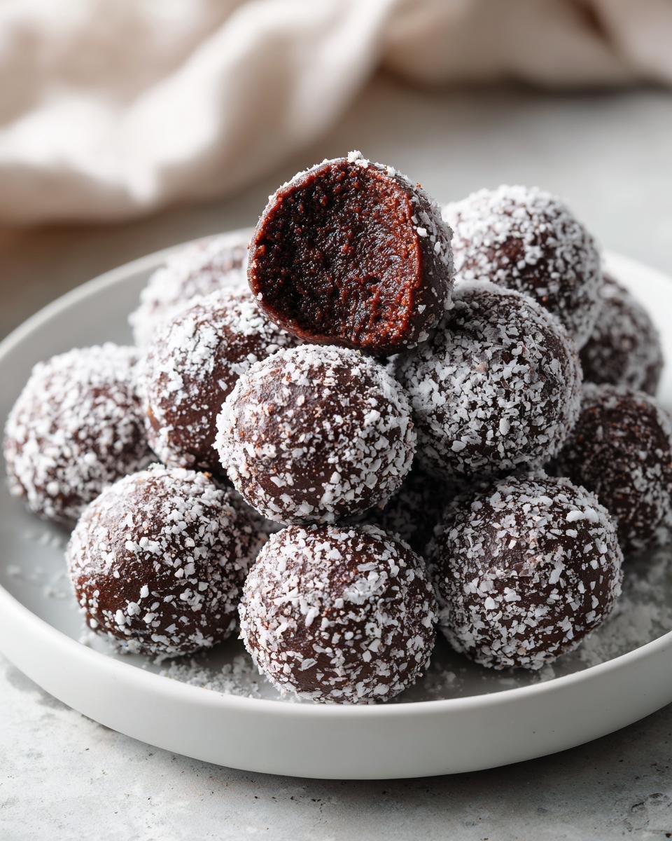 A stack of rich, dark Brownie Truffles coated in shredded coconut, with one bitten truffle showing the dense interior.