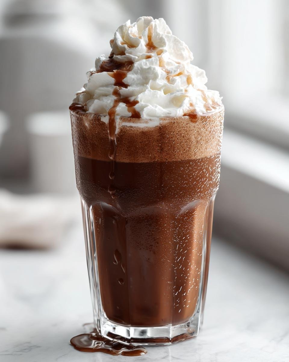 A tall, sweating glass filled with a rich, dark brown Coffee Milkshake, topped high with whipped cream and caramel drizzle.