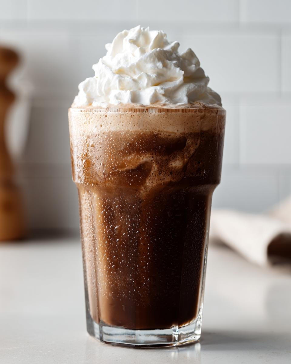 A tall, sweating glass filled with a dark brown Coffee Milkshake, topped high with whipped cream.