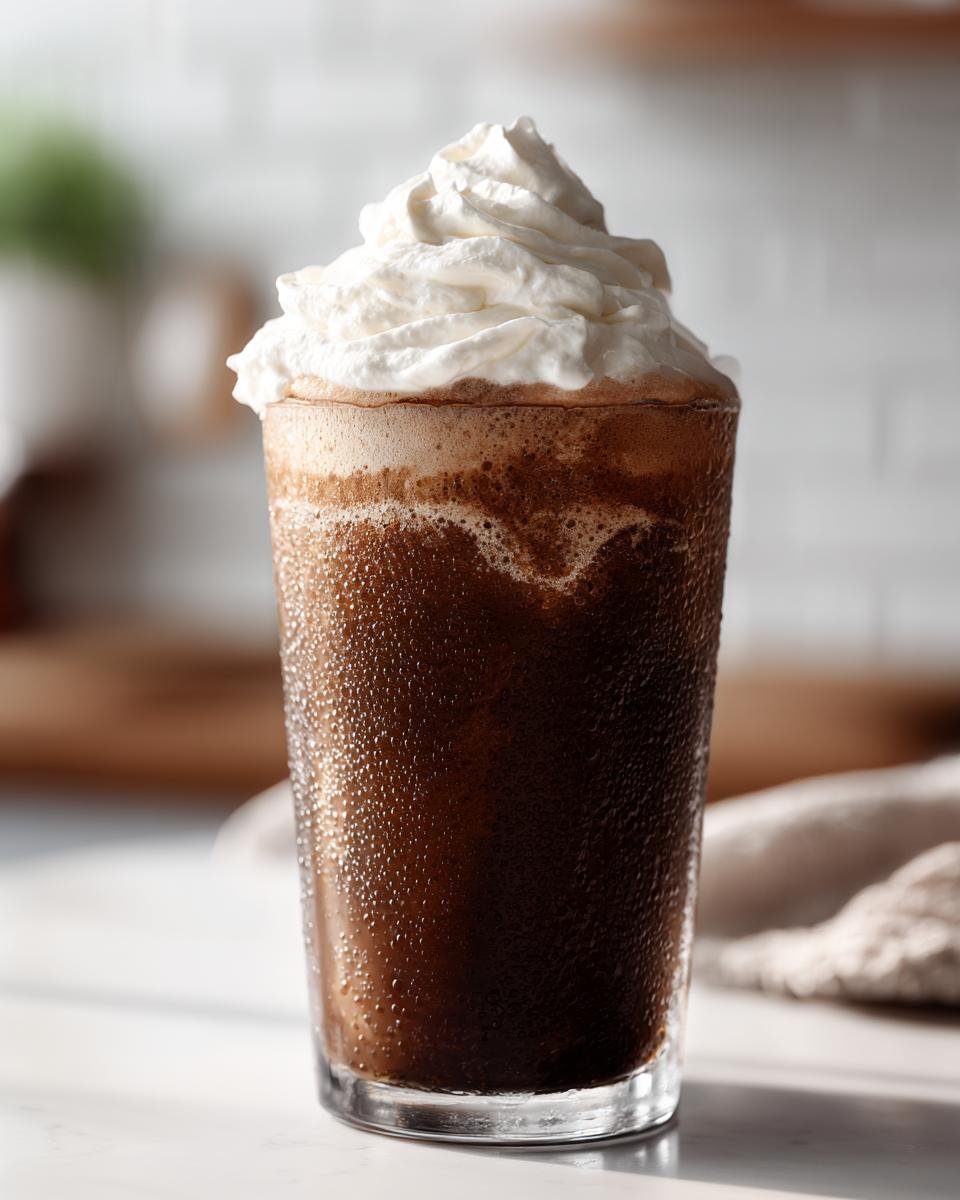 A tall glass filled with a frosty Coffee Milkshake, covered in condensation, topped with a swirl of whipped cream.
