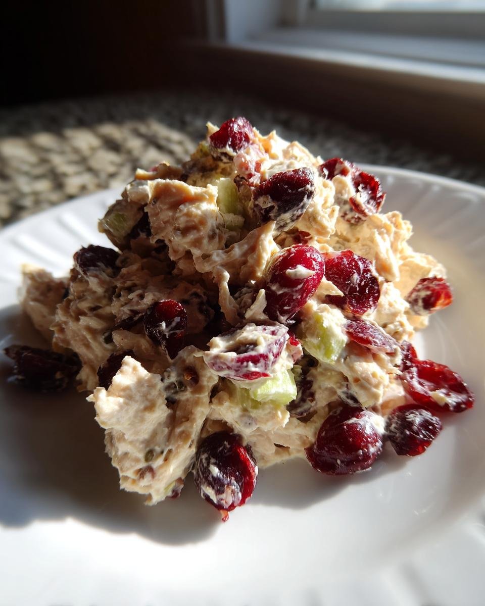 A mound of creamy Cranberry Chicken Salad featuring shredded chicken, celery, and whole dried cranberries, served on a white plate.