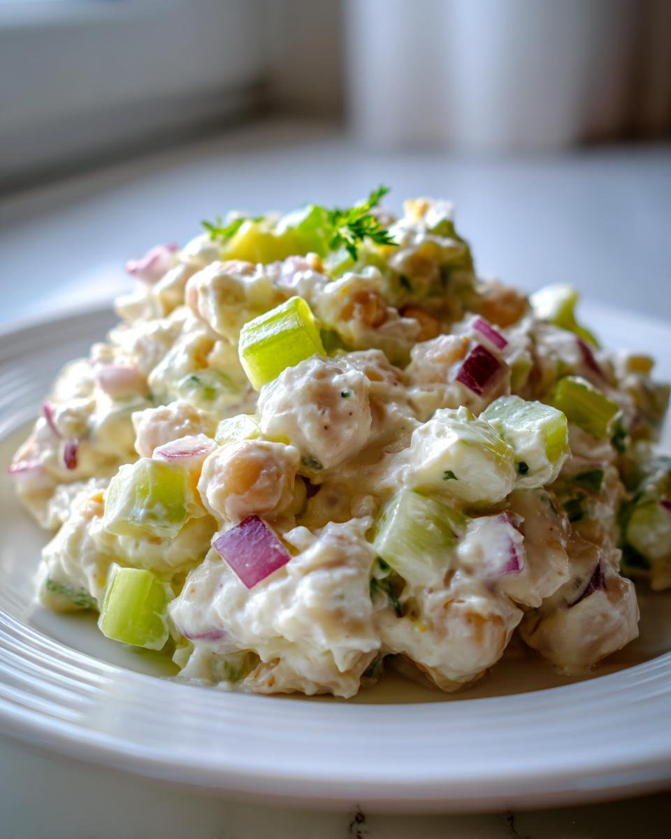 A mound of creamy Chickpea Salad featuring chickpeas, celery, and red onion, served on a white plate.