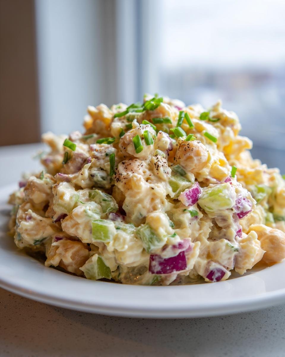 A generous serving of creamy Chickpea Salad mixed with diced red onion and celery, topped with fresh chives.