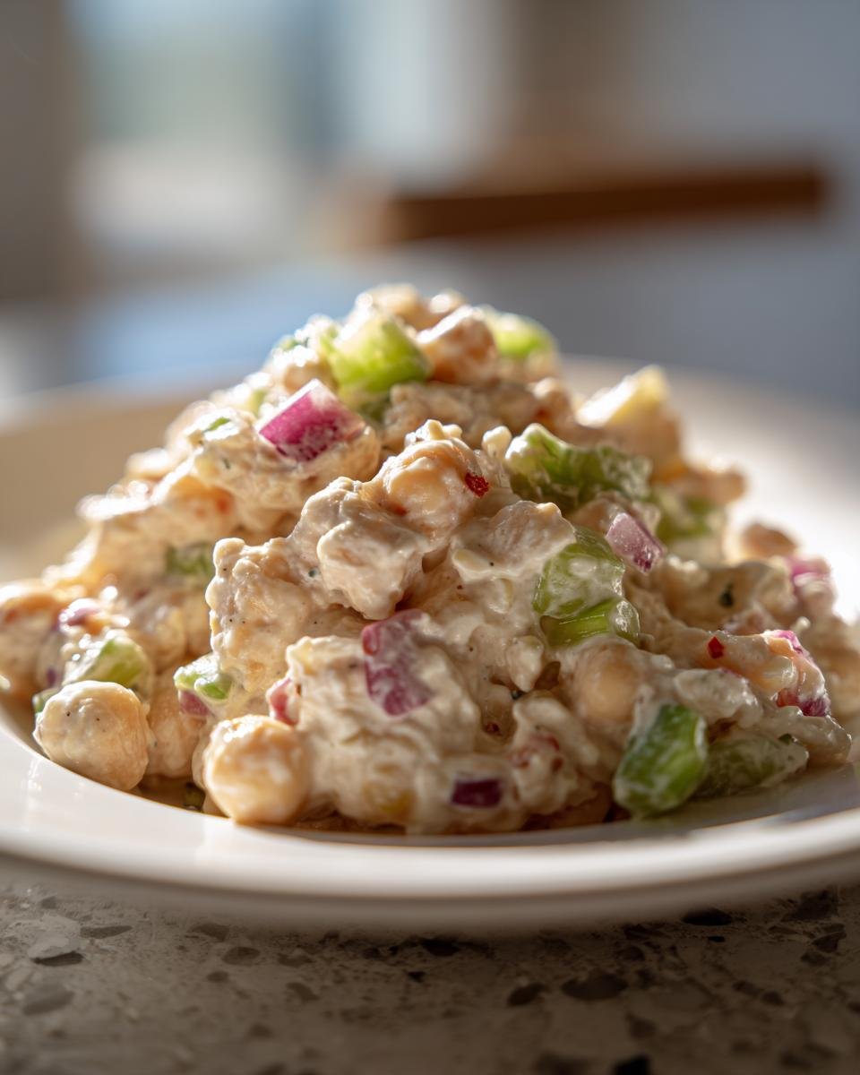Close-up of a mound of creamy Chickpea Salad mixed with diced red onion and celery on a white plate.