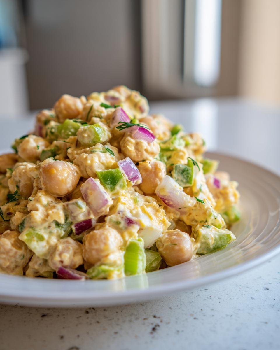 A mound of creamy Chickpea Salad featuring chickpeas, diced green celery, and vibrant red onion pieces on a white plate.