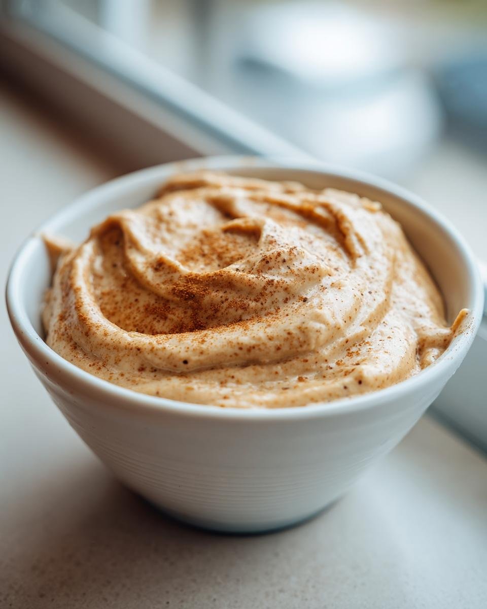 A close-up of creamy, swirled Monkey Butter in a white bowl, dusted generously with cinnamon or nutmeg.