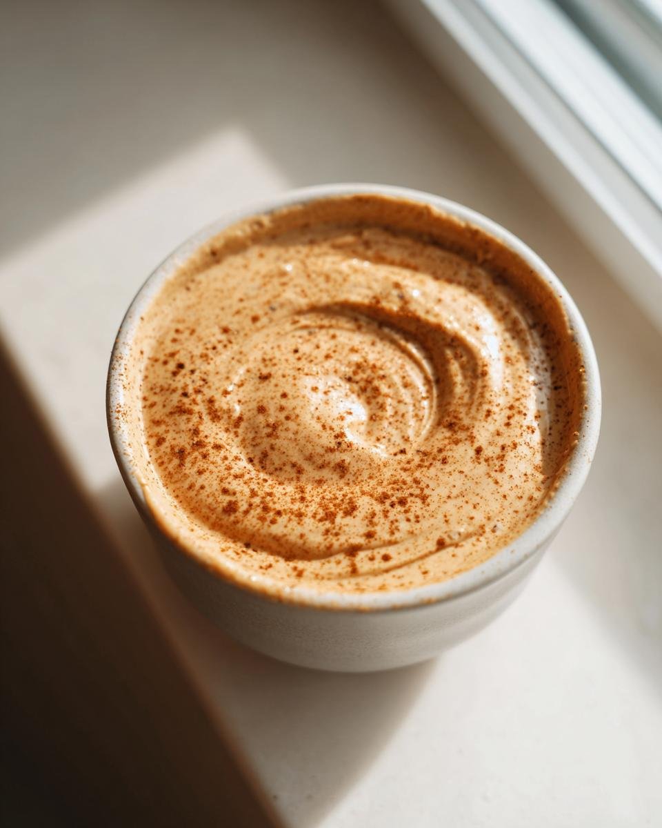 Overhead close-up of creamy Monkey Butter in a small bowl, swirled and dusted with cinnamon.