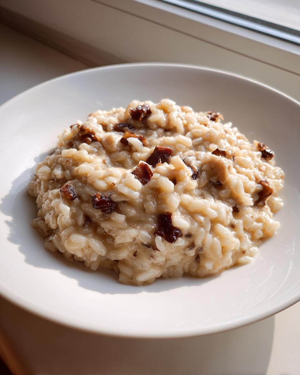 Close-up of creamy, perfectly cooked risotto, likely mushroom risotto, served in a white bowl.