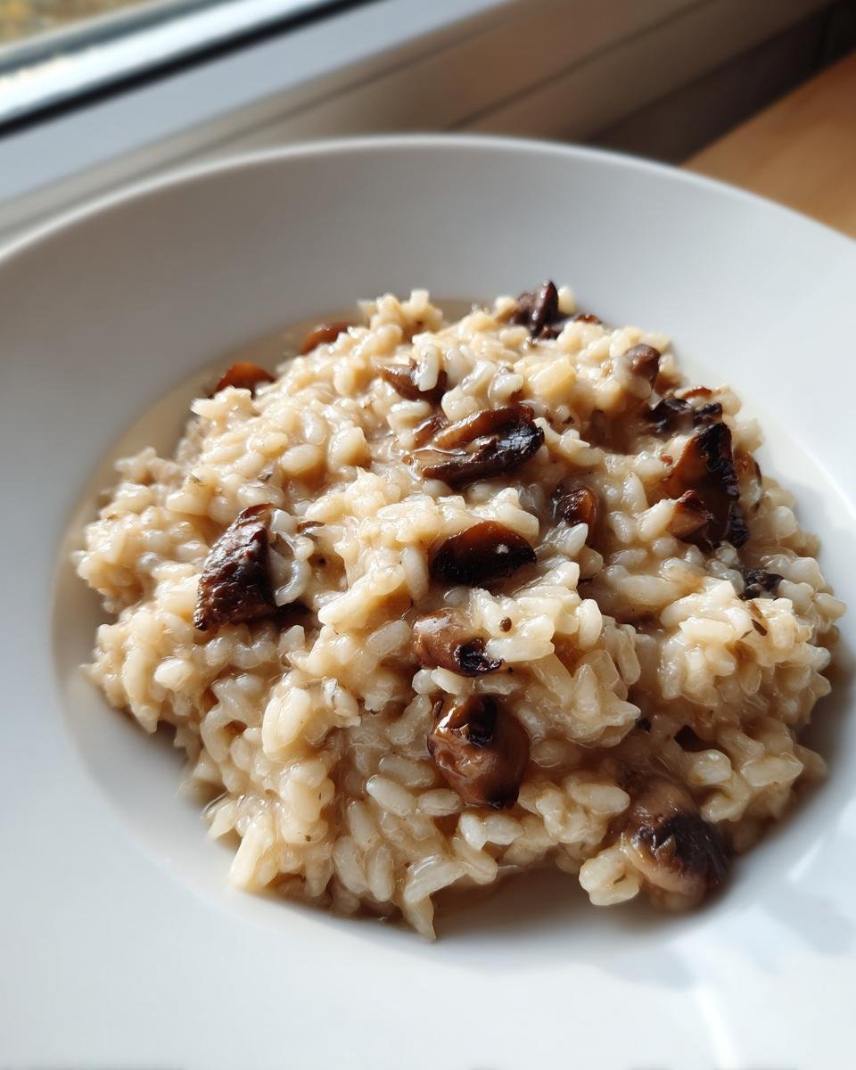 A close-up of creamy mushroom risotto served in a white bowl, highlighting the texture of the rice.