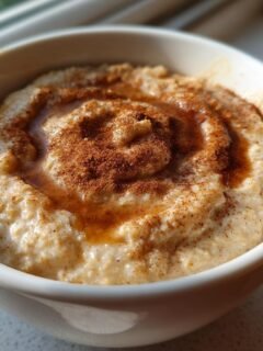 A bowl of creamy oatmeal topped with cinnamon and a swirl of syrup, perfect for breakfast ideas without eggs.