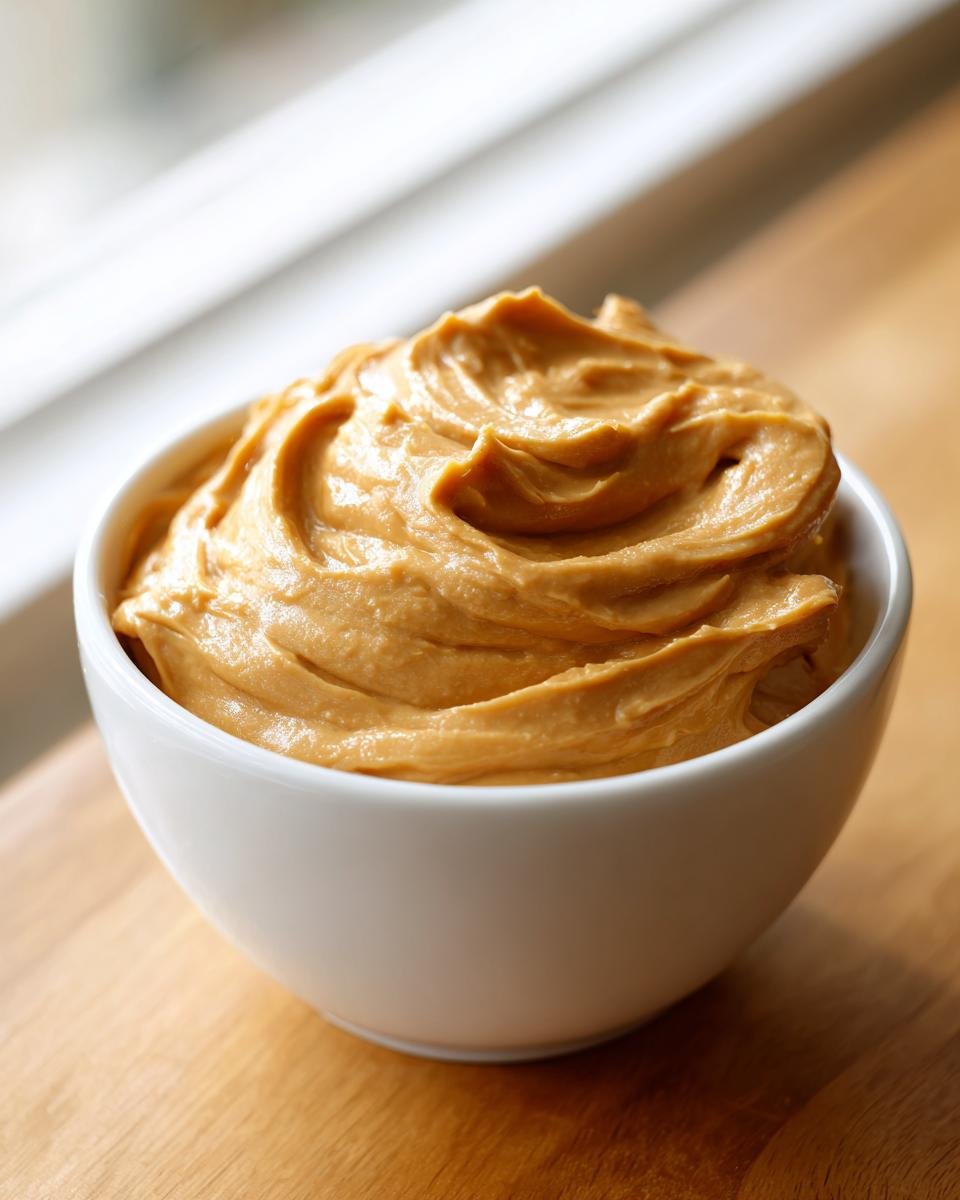 A close-up of creamy, swirled Peanut Butter Dip served in a small white bowl on a wooden surface.