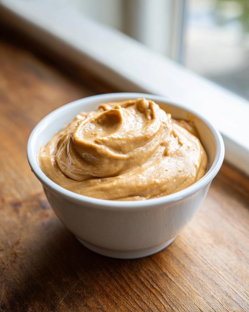 A close-up of thick, creamy Peanut Butter Dip swirled high in a small white bowl on a wooden surface.