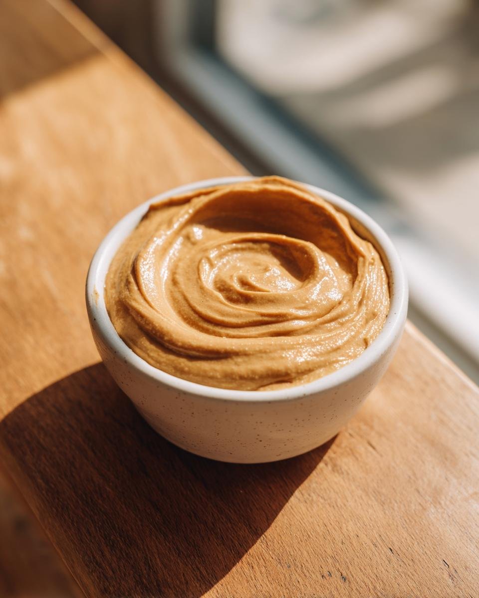 Close-up of creamy Peanut Butter Dip swirled in a small white speckled bowl, sitting on a wooden surface.